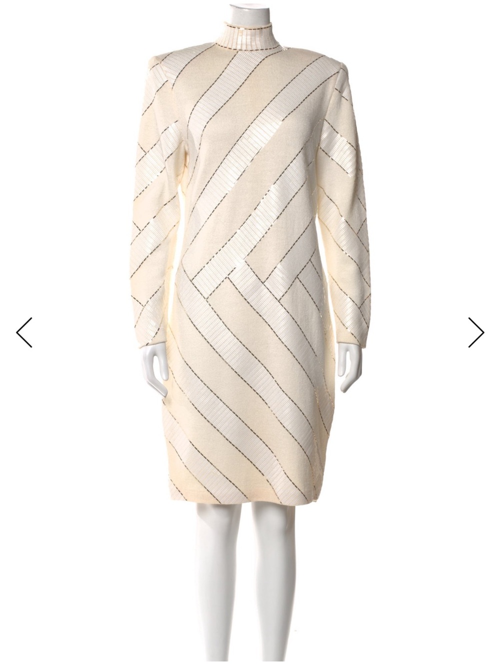 St. John Cream Striped Knit Turtleneck Dress